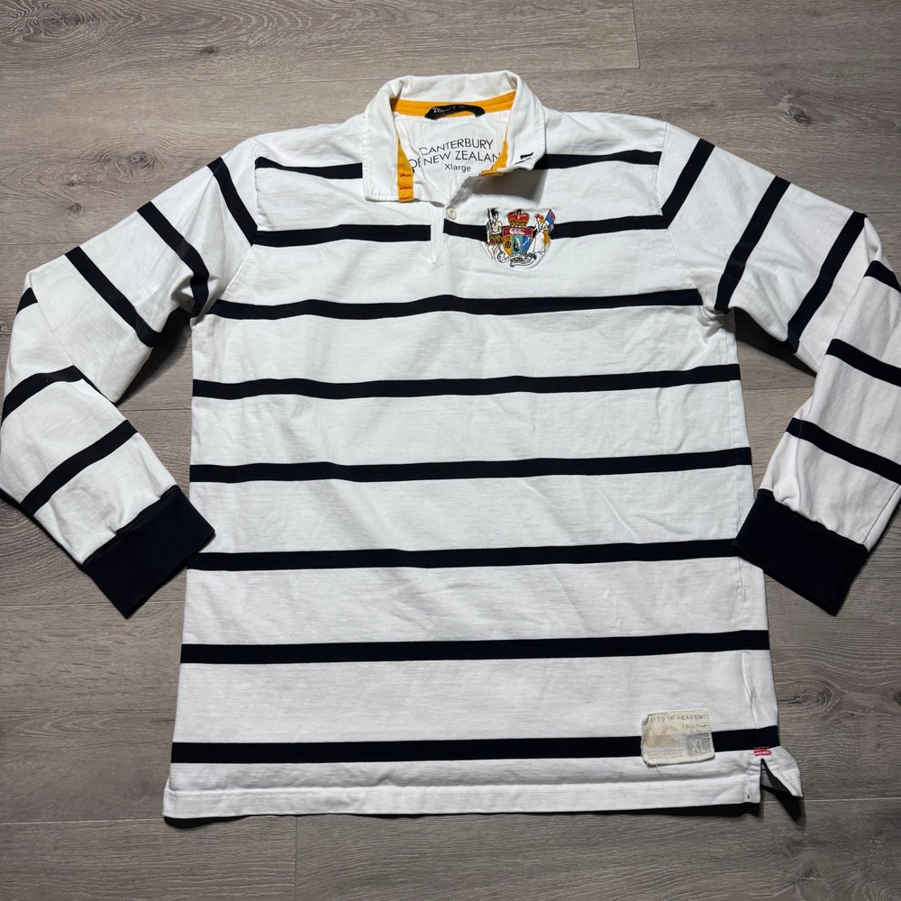 Canterbury of New Zealand Mens XL Rugby Shirt Striped White Navy Played Heaven
